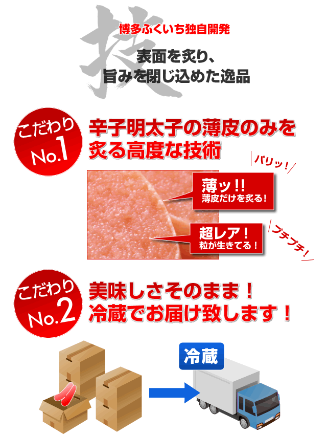 こだわり 辛子明太子の薄皮のみを炙る高度な技術　こだわり2　美味しさそのまま 冷蔵でお届け